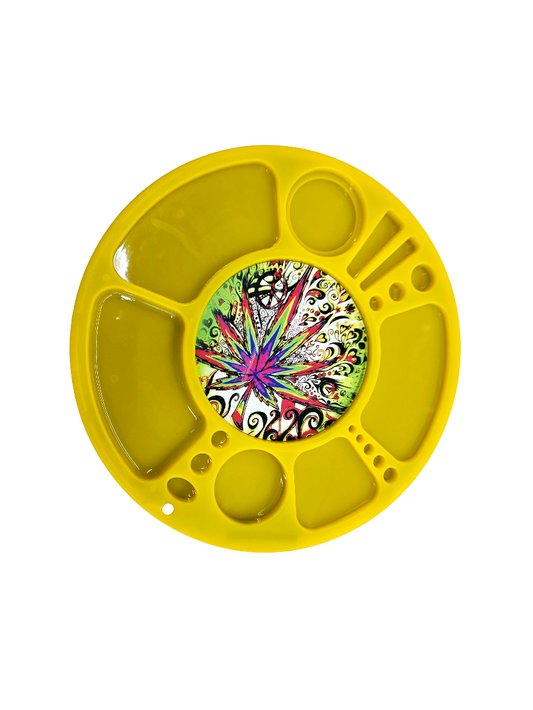 Plastic LED Round Spinning Rolling Tray Yellow / Trippy MJ Leaf